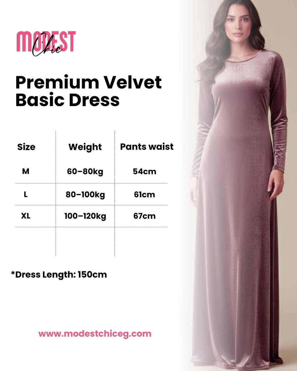 Purple velvet dress with size chart and model wearing it on a plain background